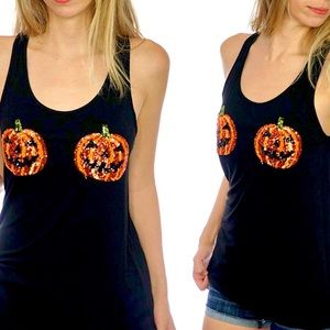Sequin Pumpkin Sparkle Halloween Tank Top 李✨